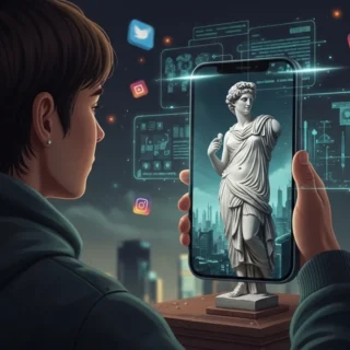 Influenciador observando seu reflexo no celular representando o culto à imagem nas redes sociais