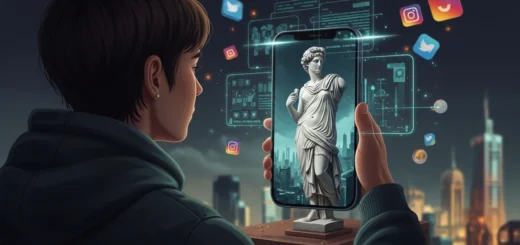 Influenciador observando seu reflexo no celular representando o culto à imagem nas redes sociais