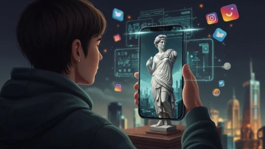 Influenciador observando seu reflexo no celular representando o culto à imagem nas redes sociais