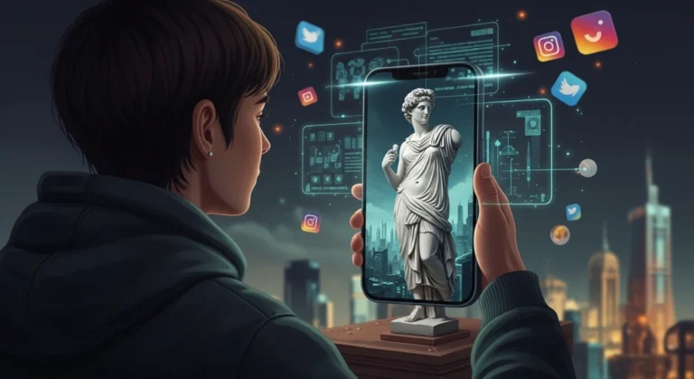 Como os Influenciadores Reinventaram o Culto da Imagem (e o Que Isso Nos Diz) 4 Influenciador observando seu reflexo no celular representando o culto à imagem nas redes sociais