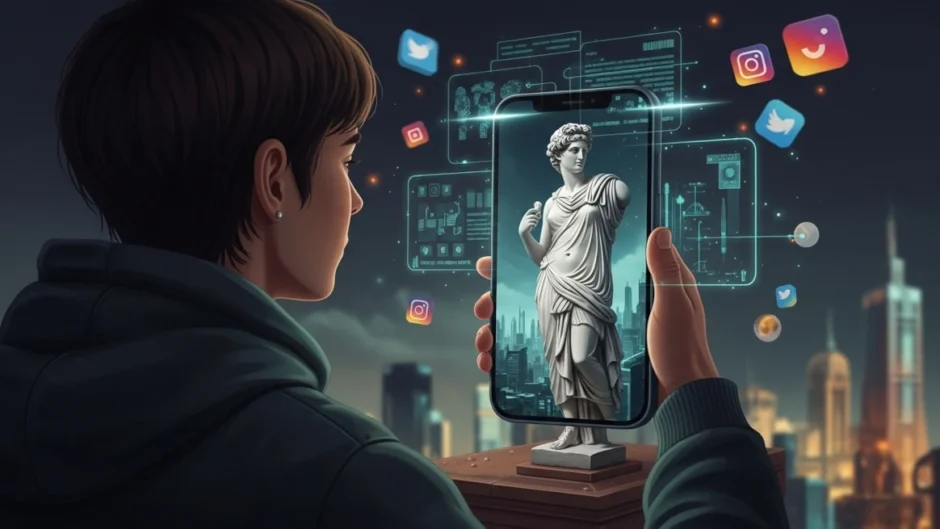 Influenciador observando seu reflexo no celular representando o culto à imagem nas redes sociais