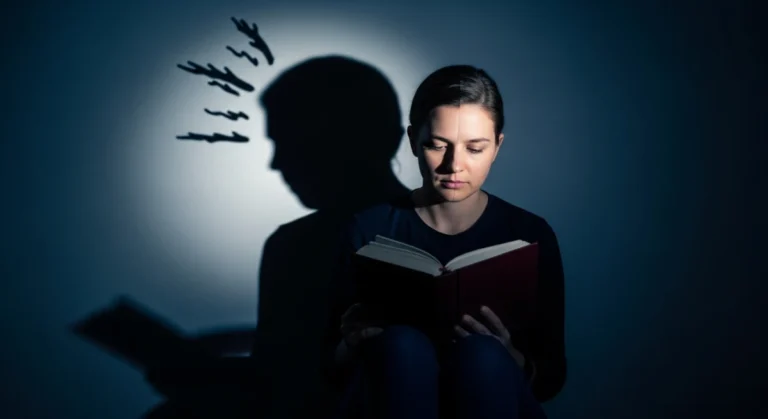 5 Livros que Exploram o Arquétipo da Sombra 22 Pessoa lendo em ambiente escuro representando o arquétipo da sombra e o autoconhecimento