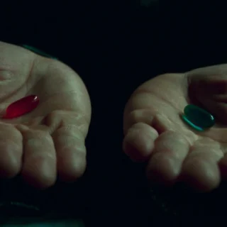 Cena de Matrix mostrando a escolha entre a pílula vermelha e a pílula azul