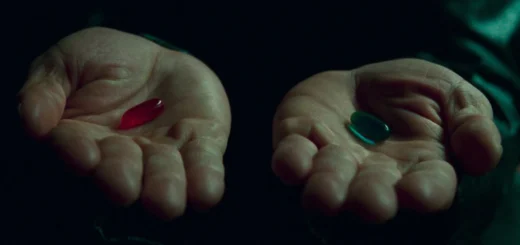 Cena de Matrix mostrando a escolha entre a pílula vermelha e a pílula azul