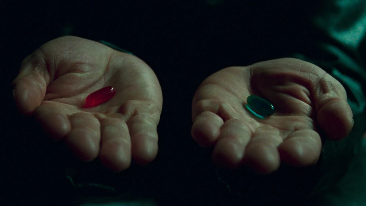 Cena de Matrix mostrando a escolha entre a pílula vermelha e a pílula azul