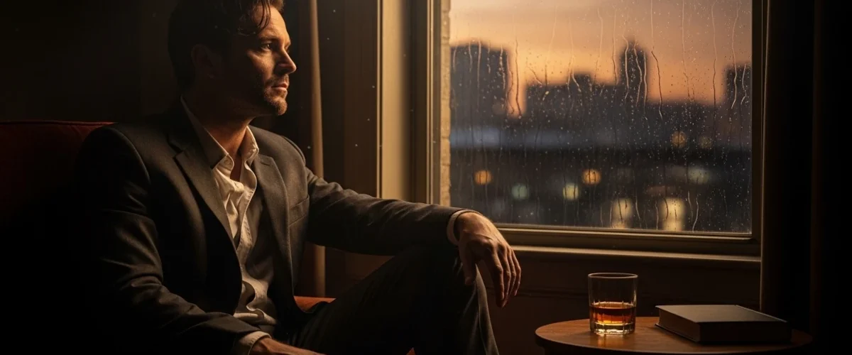 Homem sentado próximo à janela ao entardecer com luz cinematográfica representando a mise-en-scène no cinema