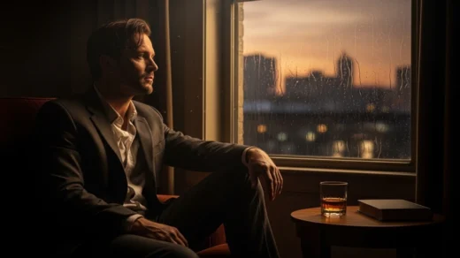 Homem sentado próximo à janela ao entardecer com luz cinematográfica representando a mise-en-scène no cinema