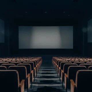 Sala de cinema vazia simbolizando o silêncio e o som ambiente na experiência cinematográfica