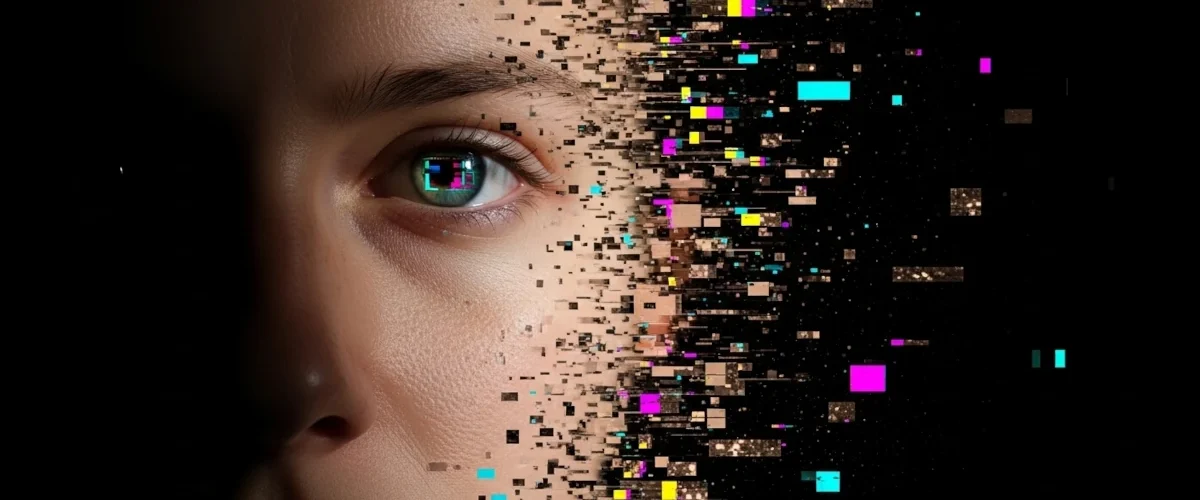 Rosto humano parcialmente dissolvido em glitch digital simbolizando a suspensão da descrença e a fronteira entre realidade e ficção