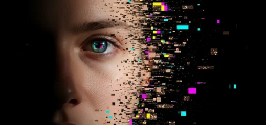 Rosto humano parcialmente dissolvido em glitch digital simbolizando a suspensão da descrença e a fronteira entre realidade e ficção