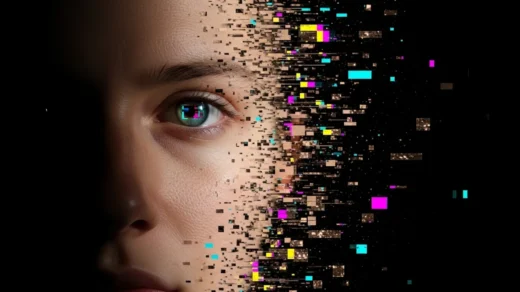 Rosto humano parcialmente dissolvido em glitch digital simbolizando a suspensão da descrença e a fronteira entre realidade e ficção