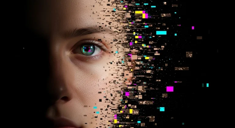 Rosto humano parcialmente dissolvido em glitch digital simbolizando a suspensão da descrença e a fronteira entre realidade e ficção