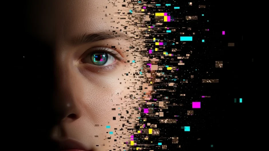 Rosto humano parcialmente dissolvido em glitch digital simbolizando a suspensão da descrença e a fronteira entre realidade e ficção