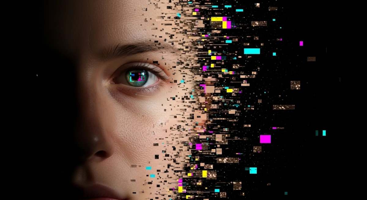 Rosto humano parcialmente dissolvido em glitch digital simbolizando a suspensão da descrença e a fronteira entre realidade e ficção