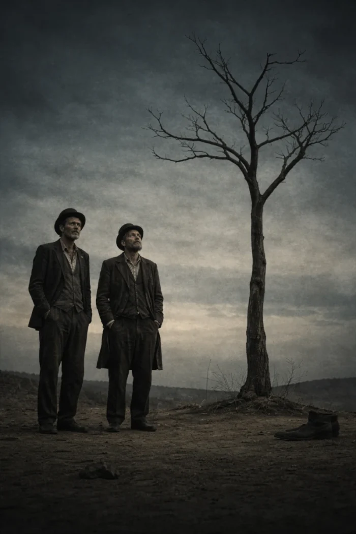Dois personagens sob uma árvore desolada evocando Esperando Godot