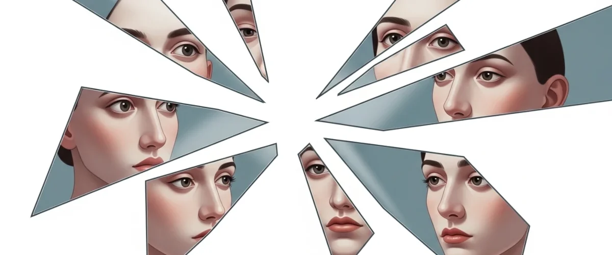 Representação simbólica do Estádio do Espelho de Lacan mostrando identidade fragmentada e múltiplas percepções