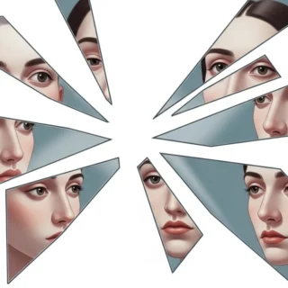 Representação simbólica do Estádio do Espelho de Lacan mostrando identidade fragmentada e múltiplas percepções