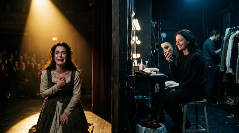 Roteiro e Improviso: Onde mora a Verdade na Atuação? 7 atriz chorando no palco enquanto sorri nos bastidores segurando uma máscara, representando a dualidade da atuação entre emoção e técnica