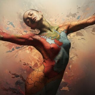 uma composição artística e conceitual representando o corpo humano como território simbólico e narrativo — figura parcialmente abstrata, pele misturada a texturas de terra, mapa e tinta, tons terrosos e avermelhados, luz suave e poética, atmosfera etérea, estilo fine art contemporâneo
