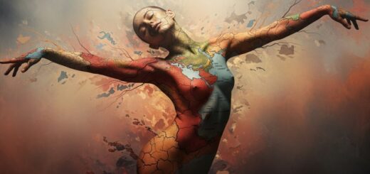 uma composição artística e conceitual representando o corpo humano como território simbólico e narrativo — figura parcialmente abstrata, pele misturada a texturas de terra, mapa e tinta, tons terrosos e avermelhados, luz suave e poética, atmosfera etérea, estilo fine art contemporâneo