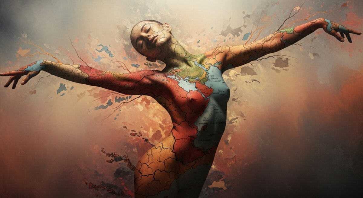 uma composição artística e conceitual representando o corpo humano como território simbólico e narrativo — figura parcialmente abstrata, pele misturada a texturas de terra, mapa e tinta, tons terrosos e avermelhados, luz suave e poética, atmosfera etérea, estilo fine art contemporâneo