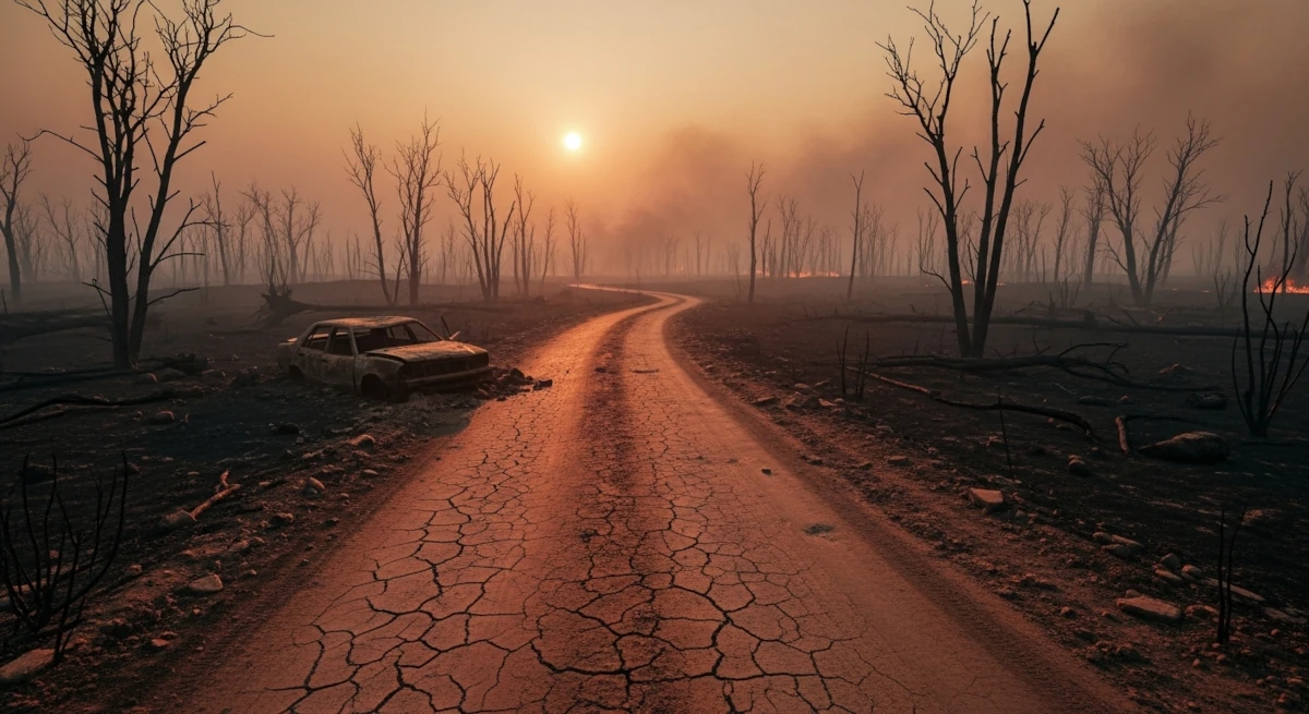 uma estrada de terra atravessando uma área queimada.