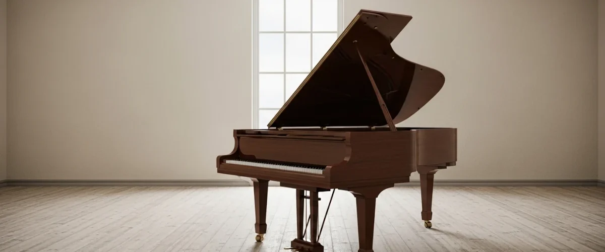 Um piano fechado em uma sala vazia