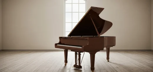 Um piano fechado em uma sala vazia