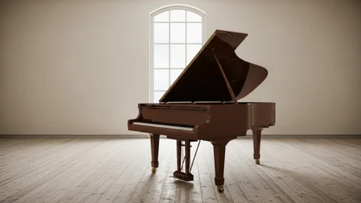 Um piano fechado em uma sala vazia