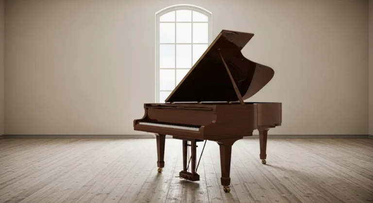 Um piano fechado em uma sala vazia