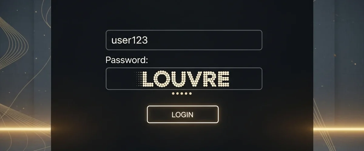 Um login screen estilizado com a palavra “LOUVRE” como senha digitada em negrito