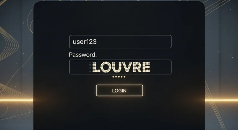 Um login screen estilizado com a palavra “LOUVRE” como senha digitada em negrito