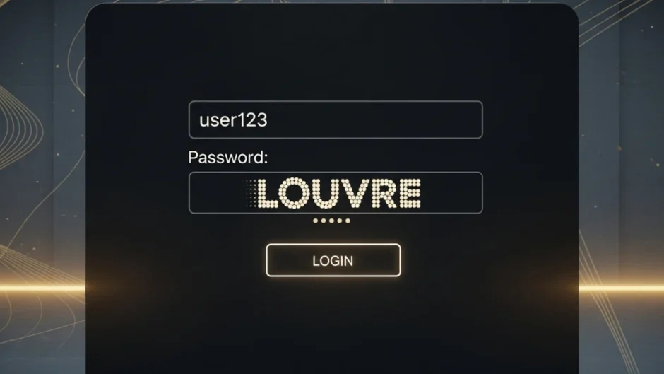 Um login screen estilizado com a palavra “LOUVRE” como senha digitada em negrito