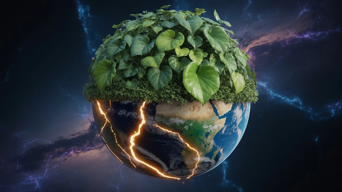Planeta Terra envolto por folhas e fissuras: o mito da pureza e o colapso ecológico.