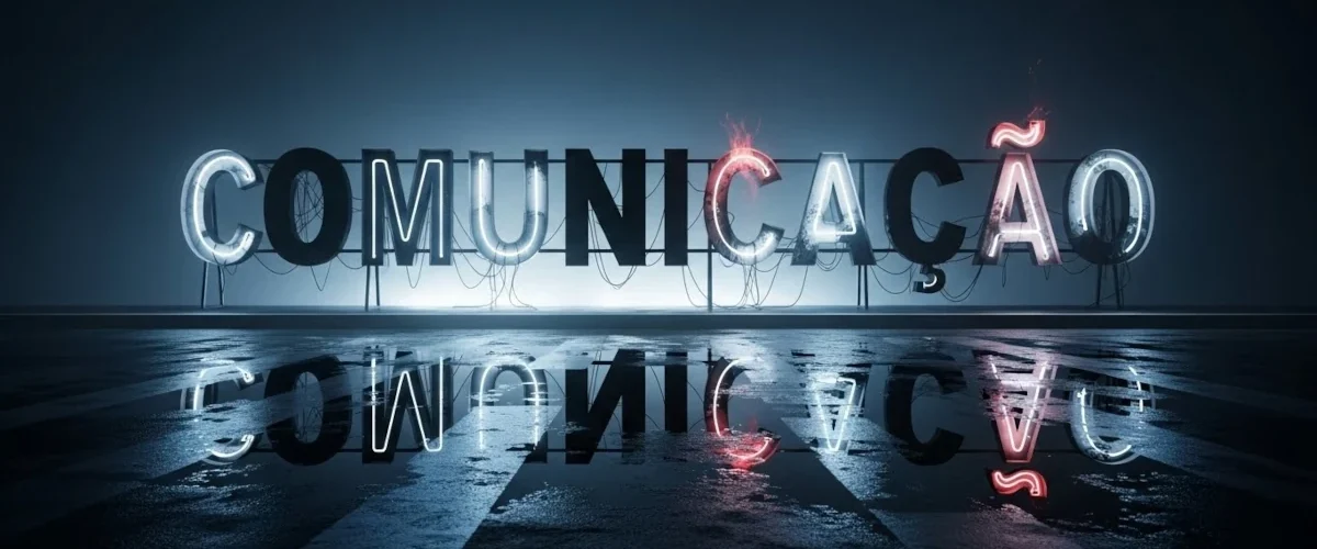 Um letreiro de neon quebrado com a palavra “COMUNICAÇÃO”, onde metade das letras não acende.