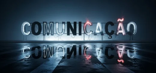 Um letreiro de neon quebrado com a palavra “COMUNICAÇÃO”, onde metade das letras não acende.