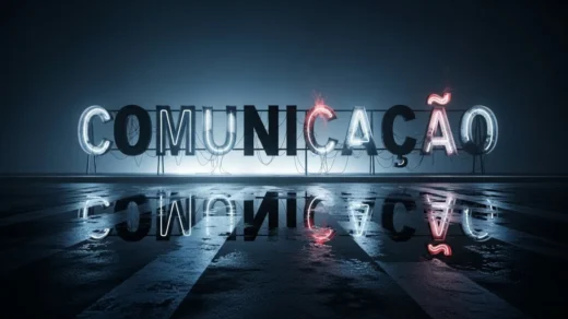Um letreiro de neon quebrado com a palavra “COMUNICAÇÃO”, onde metade das letras não acende.