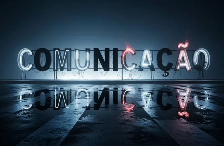 Um letreiro de neon quebrado com a palavra “COMUNICAÇÃO”, onde metade das letras não acende.