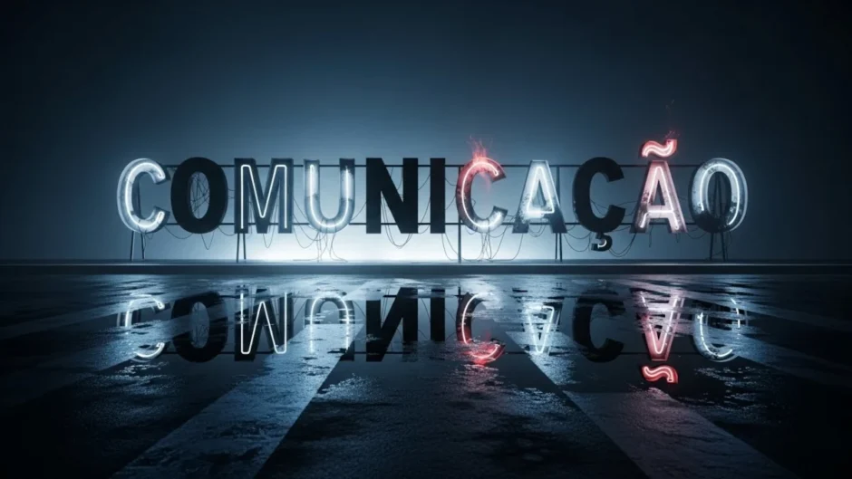 Um letreiro de neon quebrado com a palavra “COMUNICAÇÃO”, onde metade das letras não acende.