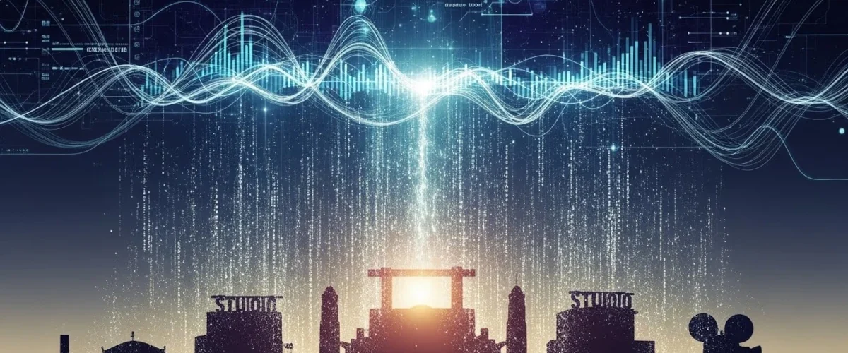 Silhuetas de prédios clássicos de estúdio (arquétipos, não marcas) dissolvendo-se em partículas digitais que formam uma interface de streaming.