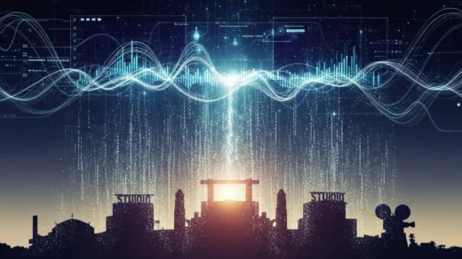 Silhuetas de prédios clássicos de estúdio (arquétipos, não marcas) dissolvendo-se em partículas digitais que formam uma interface de streaming.