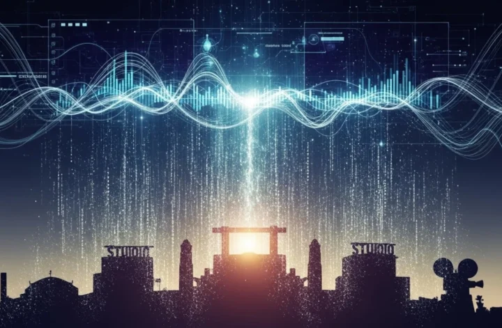 Silhuetas de prédios clássicos de estúdio (arquétipos, não marcas) dissolvendo-se em partículas digitais que formam uma interface de streaming.