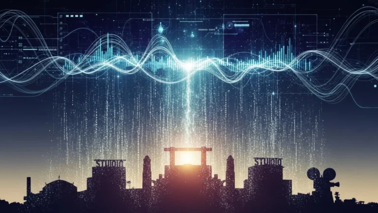 Silhuetas de prédios clássicos de estúdio (arquétipos, não marcas) dissolvendo-se em partículas digitais que formam uma interface de streaming.