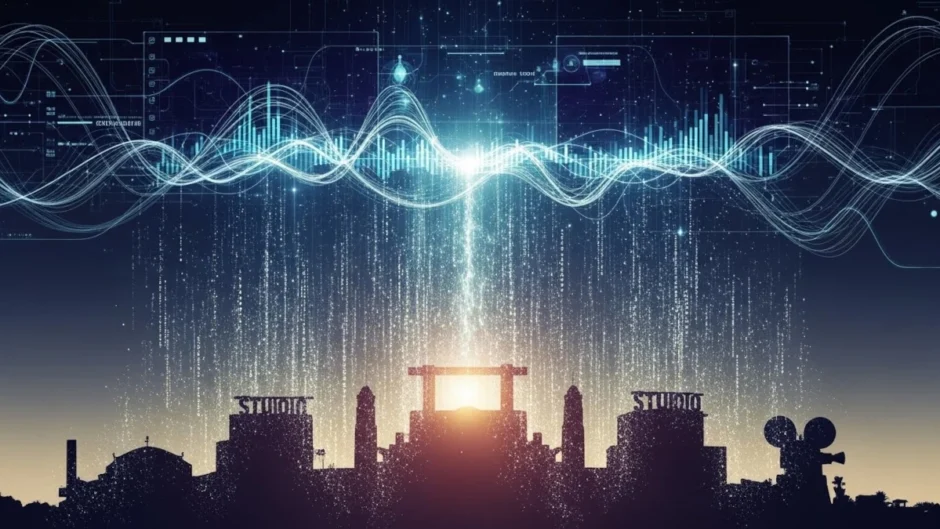 Silhuetas de prédios clássicos de estúdio (arquétipos, não marcas) dissolvendo-se em partículas digitais que formam uma interface de streaming.