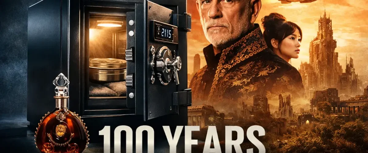 Cofre metálico selado contendo o filme “100 Anos”, projeto estrelado por John Malkovich, representando a espera de um século entre arte e marketing