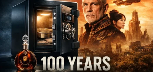 Cofre metálico selado contendo o filme “100 Anos”, projeto estrelado por John Malkovich, representando a espera de um século entre arte e marketing