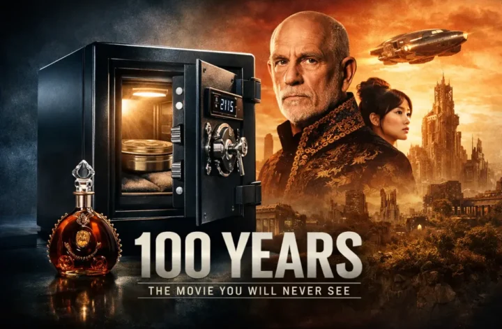 Cofre metálico selado contendo o filme “100 Anos”, projeto estrelado por John Malkovich, representando a espera de um século entre arte e marketing