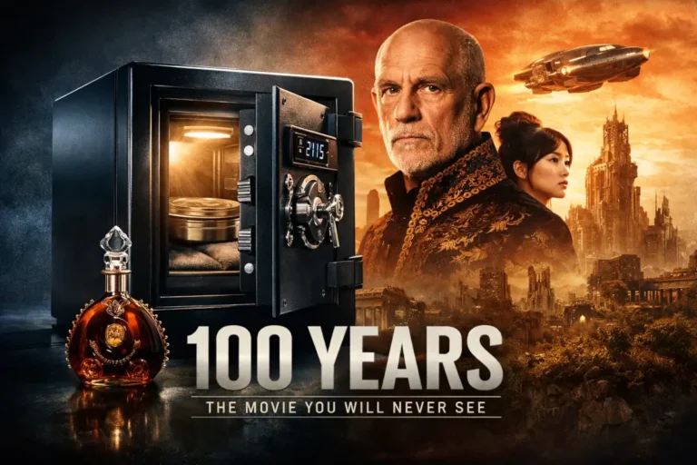 Cofre metálico selado contendo o filme “100 Anos”, projeto estrelado por John Malkovich, representando a espera de um século entre arte e marketing