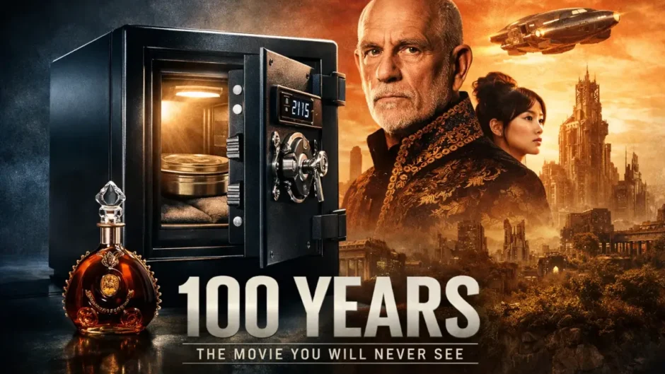 Cofre metálico selado contendo o filme “100 Anos”, projeto estrelado por John Malkovich, representando a espera de um século entre arte e marketing