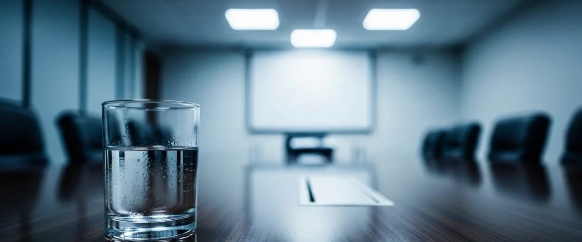 Copo d’água sobre mesa de entrevista de emprego, símbolo de poder e performance corporativa
